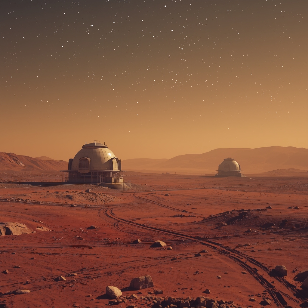 surface of mars with futuristic habitat domes in distance, red dust, starry sky, rover tracks, cinematic composition, hyperrealistic, no people